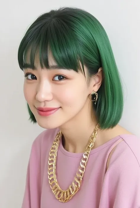 32K,  Masterpiece,  TOP QUALITY, ( beautiful Korean woman )  green hair,  Bob Haircut , bangs,  soft lighting,  Bound shoulders  ,  Pink Tops ,  realistic skin texture,  detailed eyes ,  3d rendering,  photorealistic under white micro,  high detail, soft g...