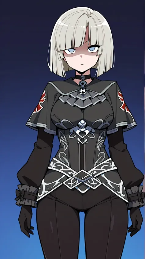 Kriemhild (fate),neutral, expressionless, standing, looking at viewer, (((blunt cut, bob, blunt bangs, bob cut))), wiry, gloves, choker, bodysuit,cowboy shot,Shaded face, rolling eyes, no pupils, 1girl, solo,