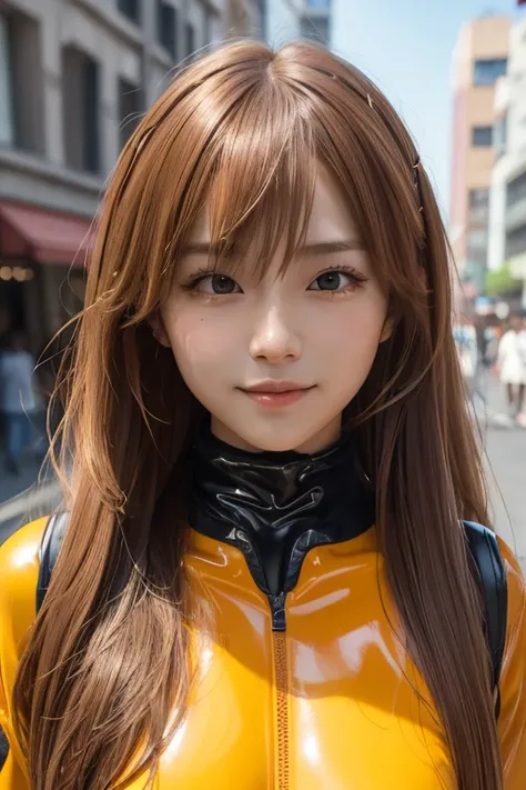   Shikinami Asuka Langley,  Perfect dynamic composition of a beautiful and beautiful woman   ,   wearing trendy clothes and using a cell phone confidently on a lively city street.face-closeup、 latex bodysuit 、
Huge 、    long brown hair  、Sparkling,   oily ...