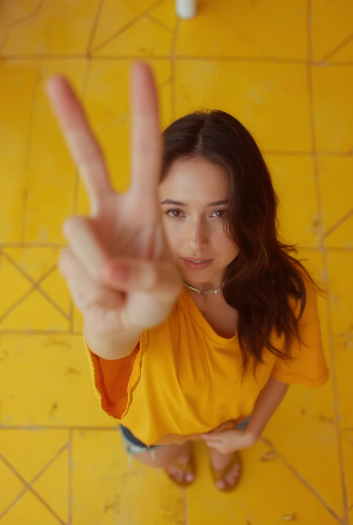  bird eye photo technique ,  a beautiful brunette  (kiss expression ),  looking up ,  right hand position above head  (piece),  standing in a bright yellow thick t-shirt,  ceramic floor background ,