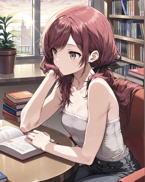  (Masterpiece, best quality), intricate details, stoic ,((gray eyes, swept bangs)), thin,swept bangs, dark red hair, low twin tails, hair ribbons, strapless sleeveless shirt, gray shirt, shirt with white trim, black jeans, ((long swept bangs)), small breas...