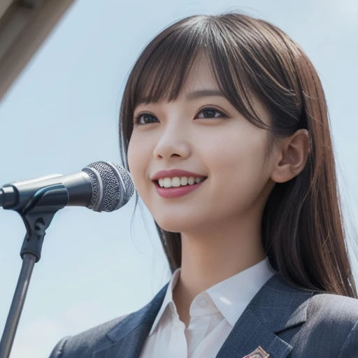 A scene in which a woman giving a campaign speech is standing on the roof of a campaign car, holding a microphone and giving an enthusiastic speech. She is wearing a gray suit and white blouse, and the angle from below shows her from head to knees. The aud...