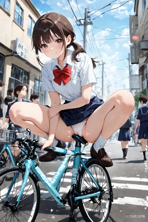 ((view from high)), red bow tie,white socks,,(looking at viewer) ,view from high,,,((slender))  ,(((bicycle humping, ,crotch rub,))),((gripping the handlebars of a bicycle))、,((,long legs)),full body,、((squatting)), shy smiling,((school buildings, street))...