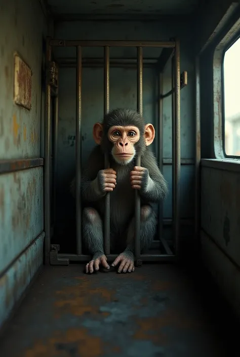 A monkey is sitting in the prisoner van.