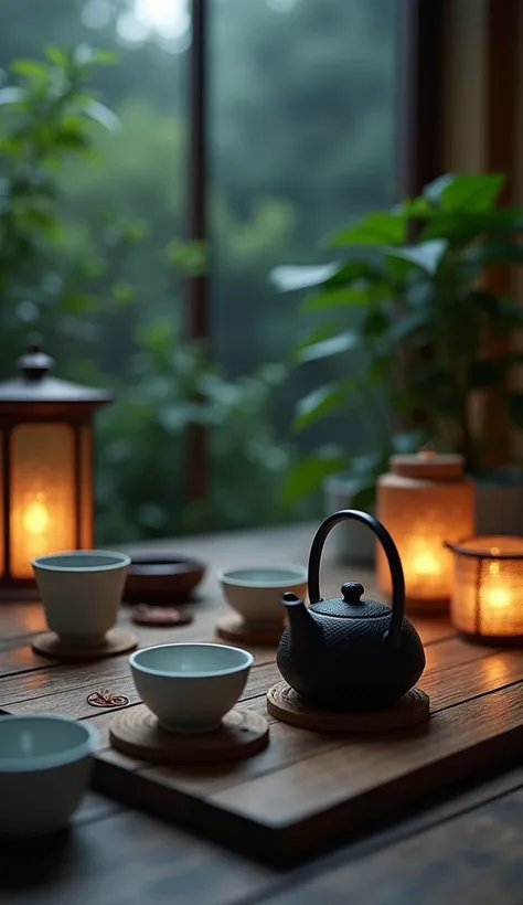  Moonlight Afternoon Tea Table . cast iron teapot and three white ceramic cups（Simulation microsmoke ） Place on wooden coasters .Handheld small cup .  Inspired by the tea ceremony scene  ,Little plants .Fresh and bright light . Warm lantern light on wooden...