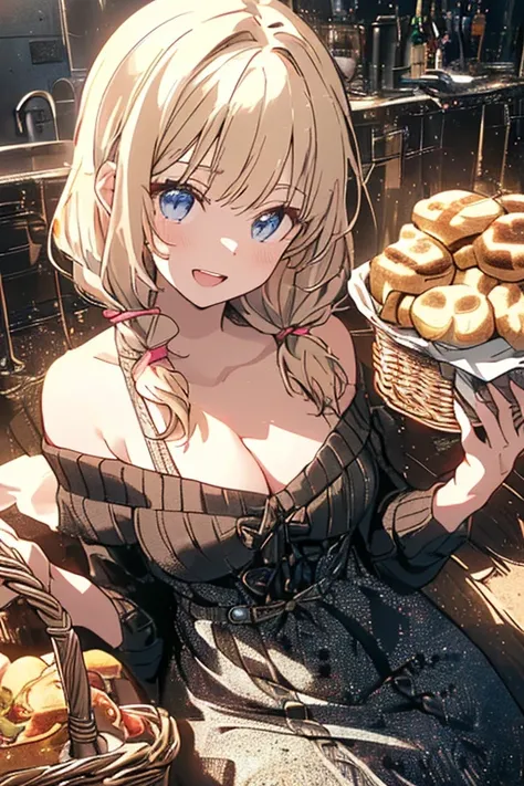 (from below:1.1),(perky chest:1.2), (pointed chest:1.2),(((Black Tunic:1.3))),(((breadcakes in the qute basket),Cute and beautiful, a 17yo girl, long hair, seductive cleavage:1.3, blonde hair, looking at viewer, ( off-shoulder dress, sweater dress), have a...