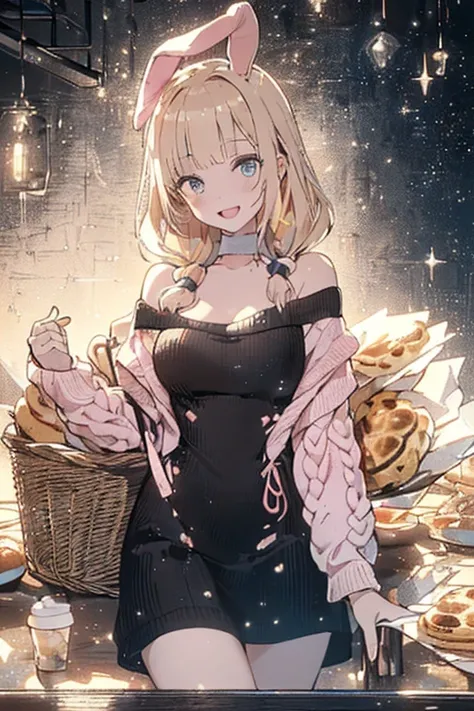 (from below:1.1),(perky chest:1.2), (pointed chest:1.2),(((Black Tunic:1.3))),(((breadcakes in the qute basket),Cute and beautiful, a 17yo girl, long hair, seductive cleavage:1.3, blonde hair, looking at viewer, ( off-shoulder dress, sweater dress), have a...