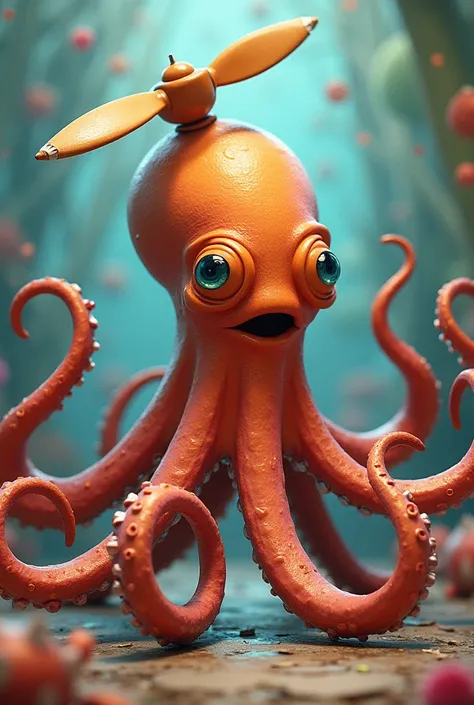 An octopus, instead of legs , pencils and a propeller on the head