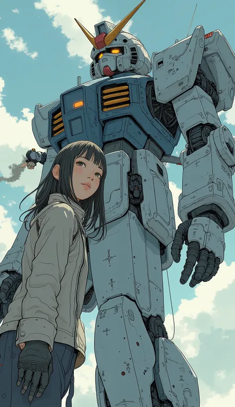  full body,  seen from above , A Japanese woman wearing a pilot suit、A young girl in a Japanese schoolgirl costume standing on Mecha's giant hand  , Gundam type robot 、 Dynamic Composition 、 shot with a fisheye lens 