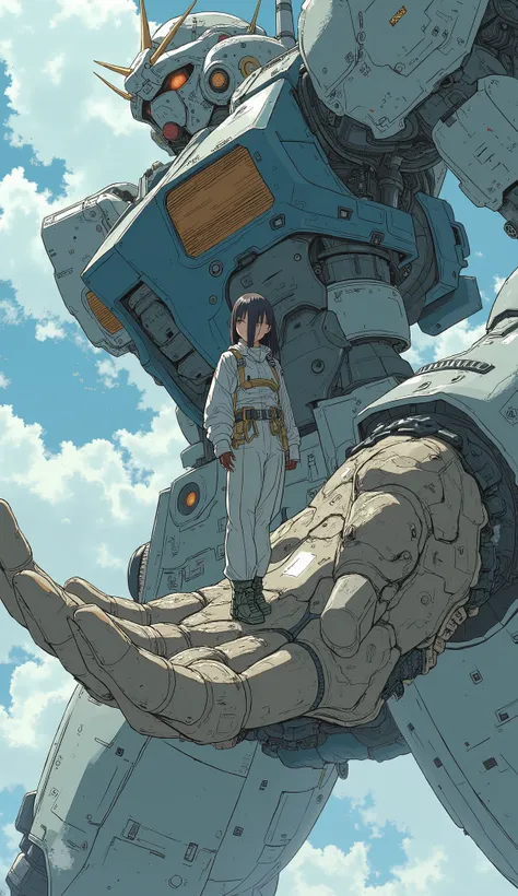  full body,  seen from above , A Japanese woman wearing a pilot suit、Standing on the palm of a mecha's giant hand , Gundam type robot 、 Dynamic Composition 、 shot with a fisheye lens 