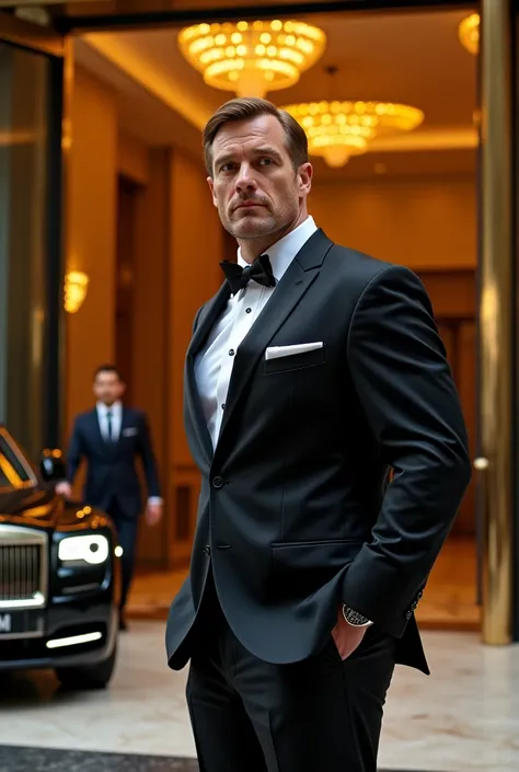 Create an image of a powerful and influential boss standing confidently in front of a luxury hotel. The scene should include:

A tall, grand hotel entrance with golden accents, glass doors, and an opulent design, exuding wealth and exclusivity.

The big bo...