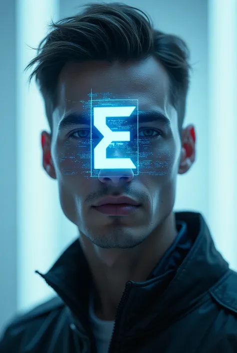 A guy whose face is replaced by an e-logo in 3D