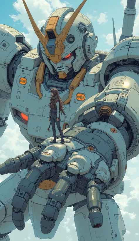  full body,  seen from above , A Japanese woman wearing a pilot suit、Standing on the palm of a mecha's giant hand , Gundam type robot 、 Dynamic Composition 、 shot with a fisheye lens 