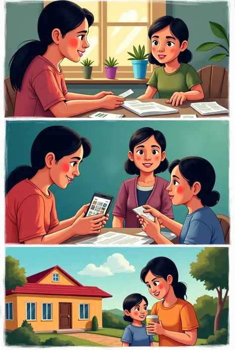 Panel 1:
 
- Image: Ligaya, looking stressed, surrounded by bills and loan documents. Phone shows a worried family video call.
- Narrator: "The micro-loan, a lifeline, brought new challenges.  Ligaya juggled work, care, and the relentless pressure of repay...