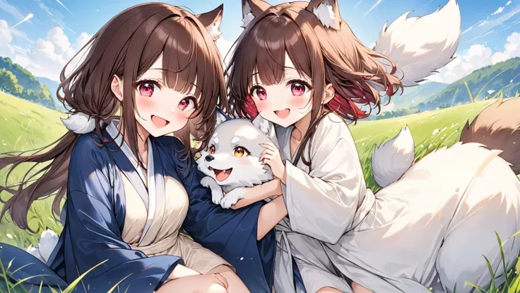  highest quality, Super Fine, 16k,  incredibly high resolution,  extremely detailed,  delicate and dynamic, Wearing an ivory one-piece dress and a navy blue long robe、Cute wolf girl , Ruby eyes, Brown ear,  straight brown hair, blunt bangs, Fluffy large br...