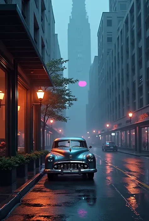 A quiet, rain-soaked urban street at dusk, lit by neon reflections and a flickering streetlamp. A sleek vintage car sits parked, its chrome gleaming, while a foggy futuristic cityscape looms in the background. Moody blues and purples dominate, with grainy ...