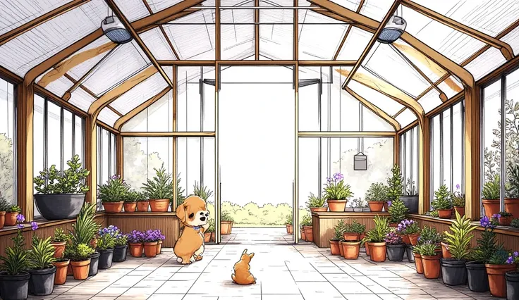 Greenhouse, large glass windows, wooden details, many flower pots, warm atmosphere, no color, line art, clean and detailed, semi-realistic anime, Studio Ghibli, Makoto Shinkai-inspired, Monochrome, high contrast, fine ink lines, one Corgi, one Bulldog, sit...