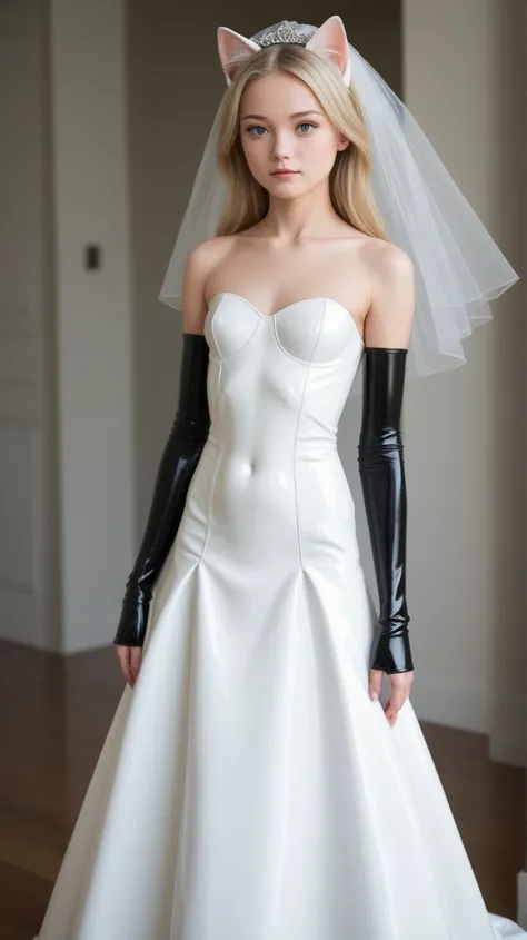  young girl ,  slim ,  blonde hair,   straight long hair ,  small breasts,  breasts open,, Cat ears,  masterpiece ,  anatomically correct  , UHD,  super detailed, further away,  latex wedding dress ,  latex black knee boots ,   latex black arm warmers long...