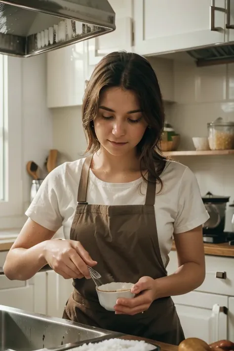 Close-up of a person pouring salt with their hands into the sink and adding hot water
Homemade and natural cinematic style. Background: well-lit kitchen. Character: young adult with apron, holding a packet of salt. Camera in medium shot with stable framing...