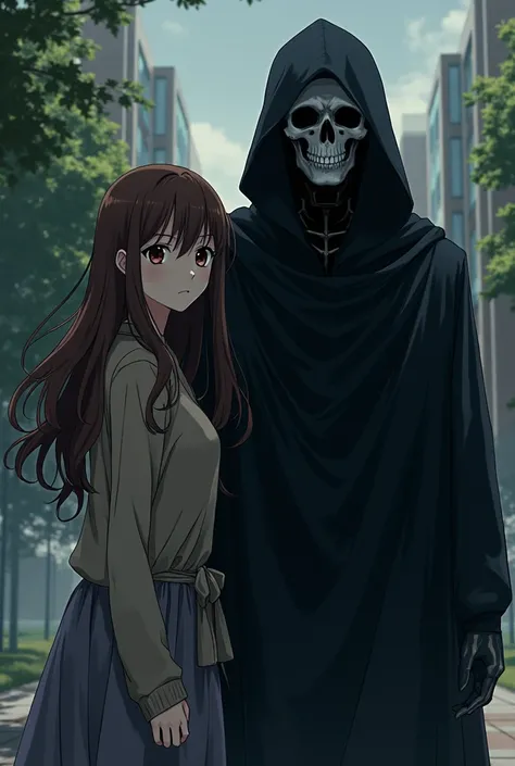 Brunette college girl standing next to his handsomegrim reaper lover anime style