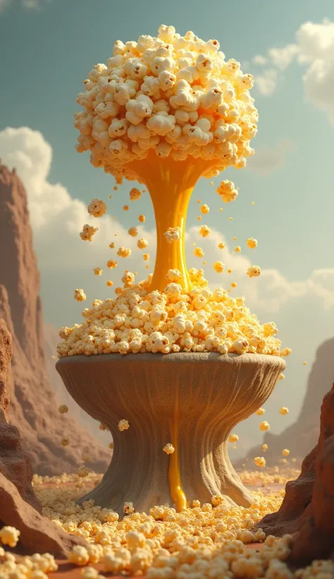  A bowl-shaped mountain filled with popcorn . When "erupt ,"  popcorn slides out like lava ,  hovers in the air with golden butter flowing around it.