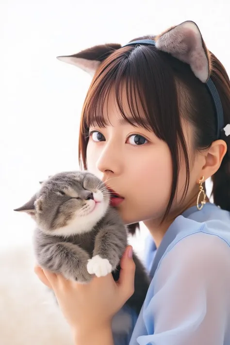  Masterpiece, 4K, Bokeh, ( cute:1.5), ( beautiful girl:1.3), ( Japanese idol:1.6), (Cat ears:1.3) , ( school uniform :1.3),  (I like cats :1.6),  blushed, close, (眠っている cute白猫を抱っこする :1.5), (Kissing a cat:1.3), ( white background :1.4), 