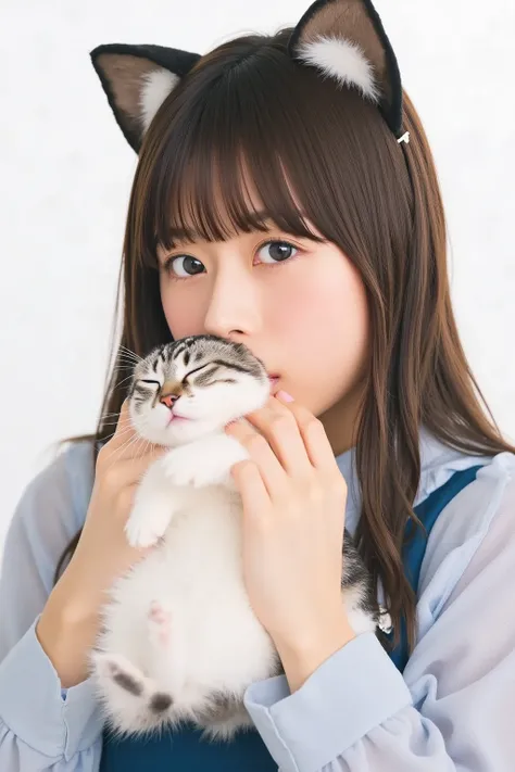  Masterpiece, 4K, Bokeh, ( cute:1.5), ( beautiful girl:1.3), ( Japanese idol:1.6), (Cat ears:1.3) , ( school uniform :1.3),  (I like cats :1.6),  blushed, close, (眠っている cute白猫を抱っこする :1.5), (Kissing a cat:1.3), ( white background :1.4), 