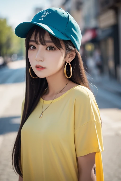  ski style, miku  has sune, Masterpiece,  best quality ,  1 girl, ,   aqua eyes,  cap,  Closed Her Mouth ,  earrings,  has , hoop  earrings,   jewelry,  Look at the Viewer ,  shirt,   simple background, Alone,  upper body, yellow  shirt