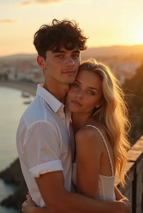 Young couple, Of a tall boy , black hair,white with green eyes, And blonde girl with golden reflections and honey-colored eyes with an average height. The boy pulls the girl around his neck like a horse pose on a high Spanish bridge with a view of the sea ...