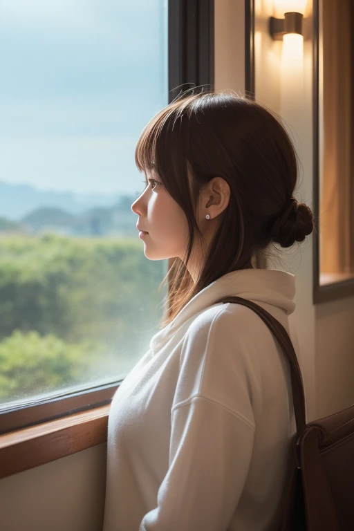 Draw an illustration of a brown-haired girl looking out the window at a cafe early in the morning