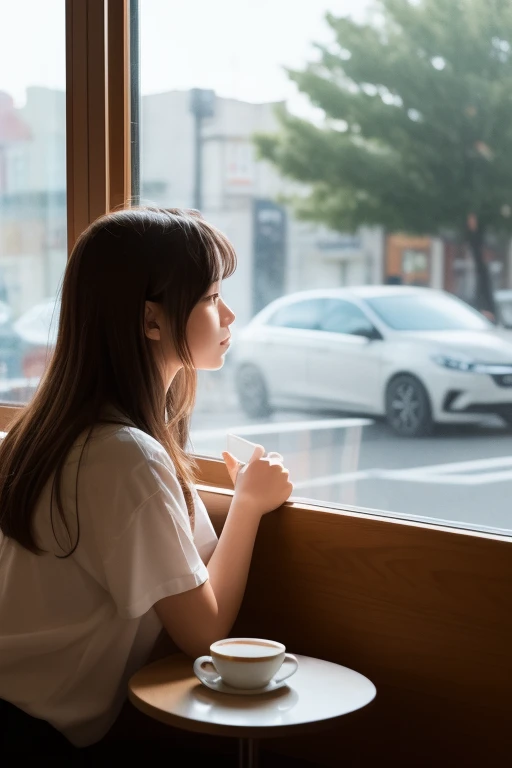 Draw an illustration of a brown-haired girl looking out the window at a cafe early in the morning