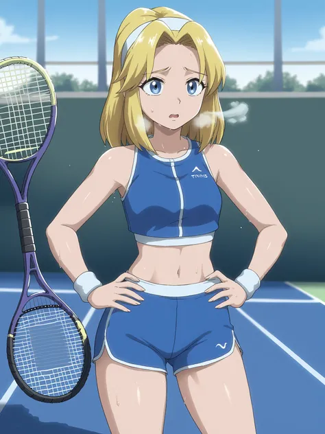 sxsgdbmaria, blonde hair, source_anime, source_anime, score_8_up, GlamorShots_PDXL
tennis, sports bra, shorts, tennis racket, sweatbands, out of breath, sweaty, hands on hips, open mouth, thicc thighs, thicc body 