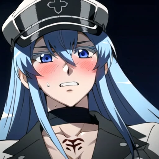 Esdeath, (aroused facial expression), clenched teeth, blush, sweat, (hat), choker, hair between eyes, (uniform), military, (military uniform), tattoo, (peaked cap), chest_tattoo, (simple dark background), facing down, looking down, close-up, view from belo...