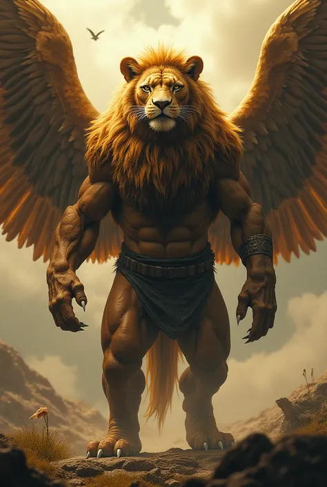 A highly detailed and realistic image of a powerful humanoid hybrid, a fusion of a lion and an eagle, standing tall in a dramatic natural landscape. This fierce creature has the muscular build of a warrior, with broad shoulders and a strong, feline torso c...