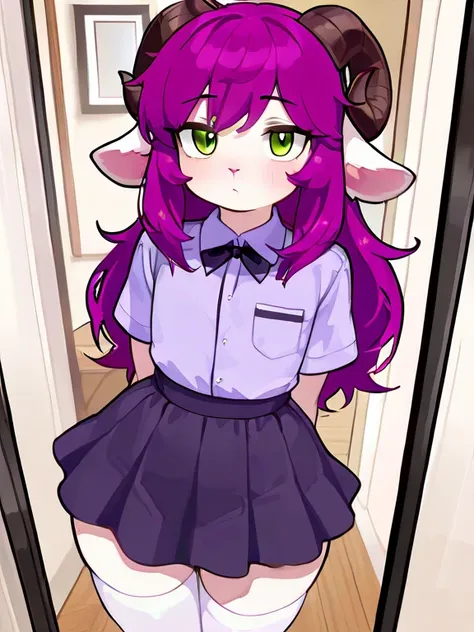  better quality， Masterpiece ,guy ram，( thick hips ,  thick) (skirt горничной)，(( white stockings， White knee-length socks , skirt,  shirt))，(19 years old)  flat chest, (( purple long hair facial features， ram body features ，fluffy white body ))，((sheep ho...