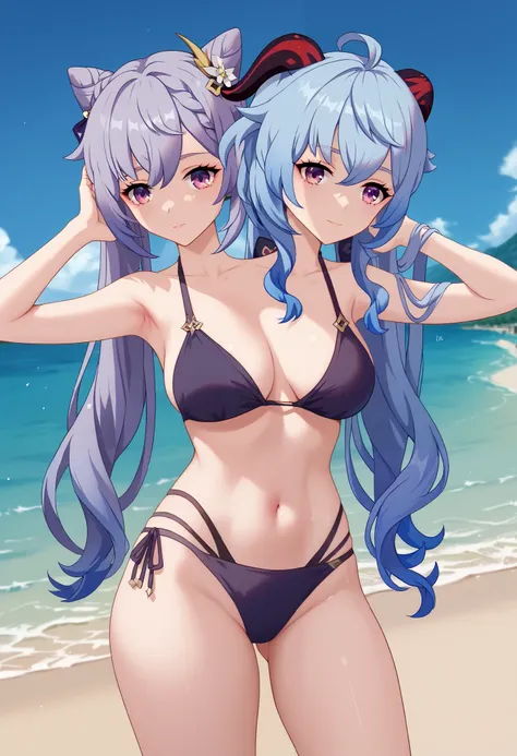 2heads, a tall thin woman with 2 heads, ganyu, blue hair, goat horns, horns, long hair, purple eyes, sidelocks, keqing, braid, cone hair bun, hair bun, hair ornament, long hair, purple eyes, purple hair, She is inside a beach, purple and blue bikini, front...