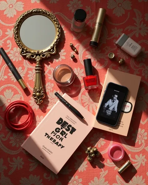 A flatlay composition of various beauty products, accessories, and a book.  A gold-framed hand-held mirror, makeup items including lipstick, blush,earrings ,mirror , 🪞 eyeliner, and nail polish, red bangles,  perfume and a book titled "desi girl therapy" a...