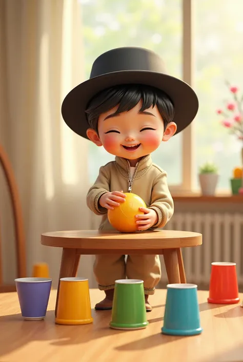 A  boy with a black hat and a beige outfit is playing with a ball and colorful cups on a table and chairs.