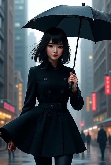 Create a image of a girl with an umbrella on her hand and walking and wearing a black coat with a smirk on her face ,and has straight black hair  and has beautiful dark brown eyes

