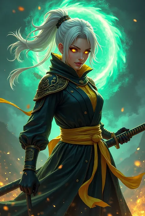 Create a game logo featuring a yellow, black-clad female ninja, white-haired, flame-emitting eyes holding a katana sword. Dressed like a god in heaven, with a blue, neon shadow on the back.\n and has the active gesture of a demon ninja .
There's a light gr...