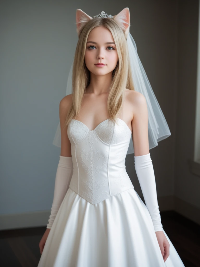  young girl ,  slim ,  blonde hair,   straight long hair ,  small breasts,  breasts open,, Cat ears,  masterpiece ,  anatomically correct  , UHD,  super detailed, further away,  wedding dress ,  latex black knee boots ,   latex black arm warmers long   ,  ...