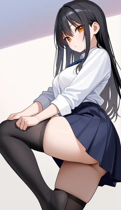 Alone,( Masterpiece,  highest quality:1.2)、 high school girl、Dress shirt on top、The bottom is a navy blue pleated skirt、Neat black hair、Amber Eyes、 long hair、 Black Knee High Socks、(Multiple comic-like comics)、 pay attention to the buttocks、( highest quali...