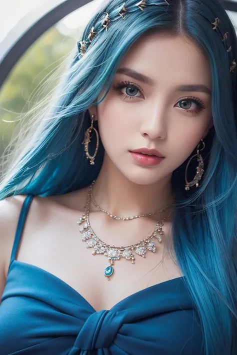  top quality , skilled,  Hair Detail ,  high resolution, (((itch))) , necklace,  hair accessories, ( beautiful faces),  blue dress,  Watch Viewers ,  Blue Hair,  is standing, （Above the waist），Medusa