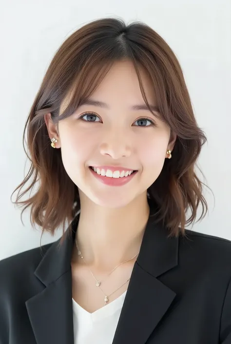 Beautiful Japanese Woman 、、 She is wearing an office lady suit、濃いeyeshadow 、Hairstyle: Medium long、wavy hair 、 Light Brown Hair 、ear piercing、 smile showing teeth、 necklace、 white backgr