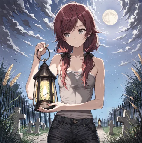  (Masterpiece, best quality), intricate details, stoic ,((gray eyes, swept bangs)), thin,swept bangs, dark red hair, low twin tails, hair ribbons, strapless sleeveless shirt, gray shirt, shirt with white trim, black jeans, ((long swept bangs)), small breas...