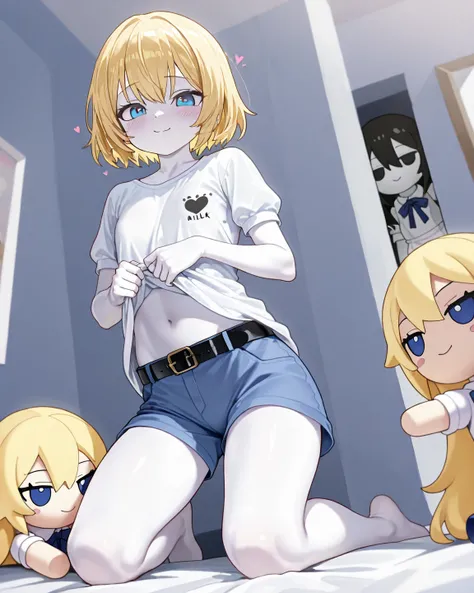 Femboy, long yellow hair, blue eyes, heart-shaped face, white skin, cute face, Femboy doll, hiding giant fake milk, is the highlight of the image, wearing a white short-sleeved shirt dress, showing concave points in the chest area, blue shorts and a black ...