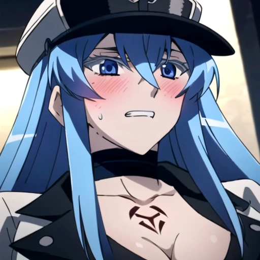 Esdeath, (aroused facial expression), clenched teeth, blush, sweat, (hat), choker, hair between eyes, (uniform), military, (military uniform), tattoo, (peaked cap), chest_tattoo, (simple dark background), facing down, looking down, close-up, view from belo...