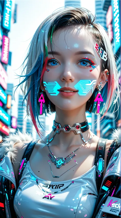  ，穿著透明futuristic談話服飾， fluffy smile ：0.3， charming lips ， slim body ， decorated with detailed cyberpunk details，LED highlights ，Cyberpunk style，Bright， flashing blue eyes ， Bright spider earrings ，Semi-Mechanical ， airy future city background ，Deep，Dynamic ...