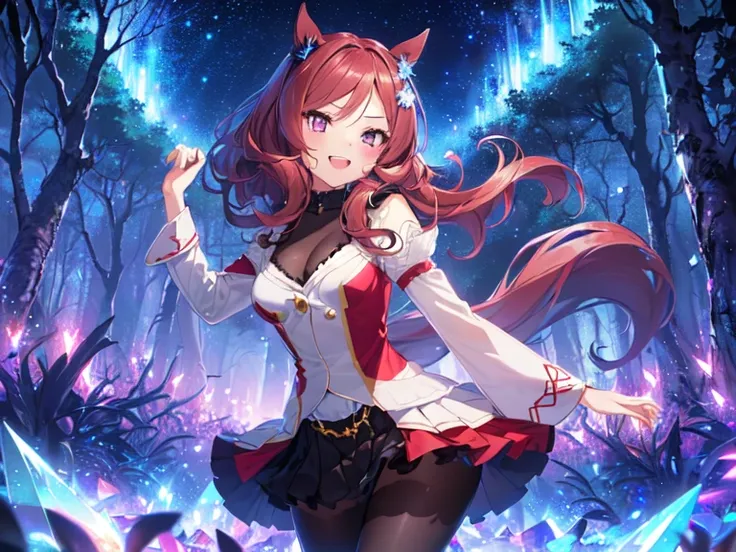 (((Solo, girl with horse ears and horse tail, blue ninja outfit, ((see-through sleeves)), cable sweater, skirt, pantyhose, tight thighs, ((crystal-shaped accessories, crystal-shaped hair ornament)), squinting, purple glowing eyes, cool laugh, long hair, ha...