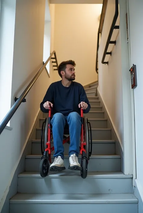 Un étudiant handicapé avec son fauteuil roulant sur un ment d’escalier Spécial électrique collé au murs avec son mécanisme comme ascenseur pour se déplacer d’un étage à un autre  qui entrain de  se déplacer 